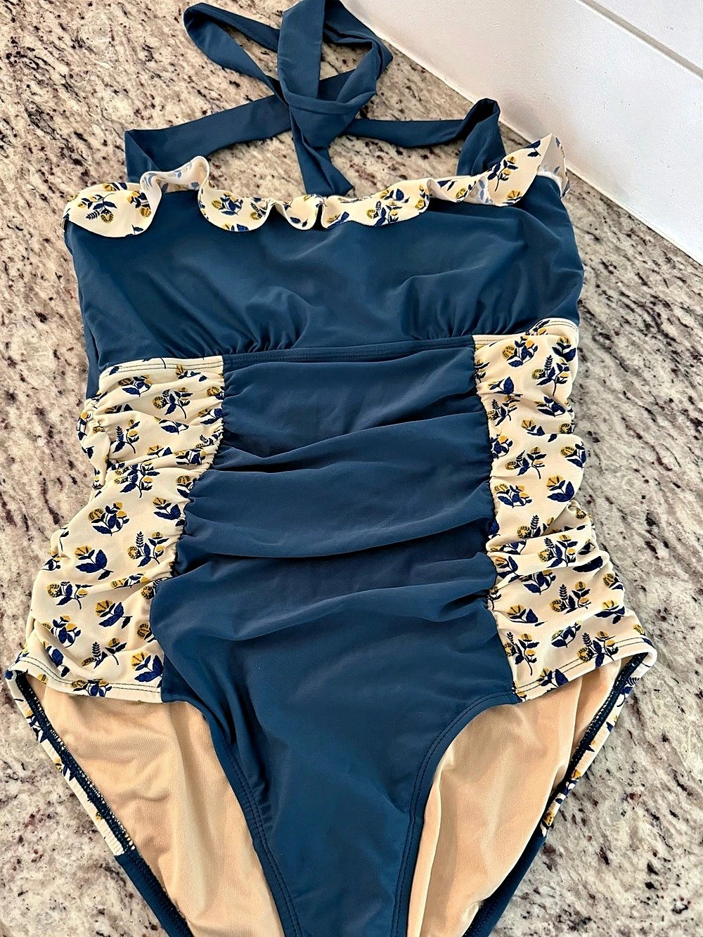 Matilda Jane Teal Blue Floral Ruched Halter One Piece Swimsuit